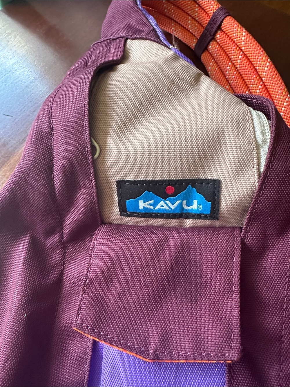 Kavu Burgundy Sling Bag with Purple Pocket and Orange Rope Strap - Picture 2 of 3